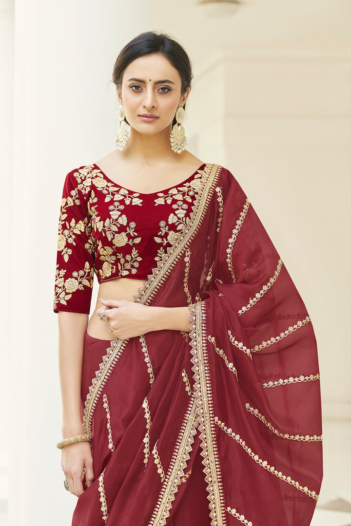 Maroon Embroidered Organza Saree | Traditional Indian Wedding Saree