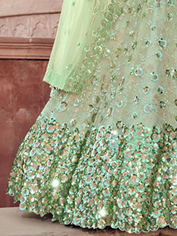 Pista Green Lehenga Choli Set | Sequins Soft Net Bridal Wear