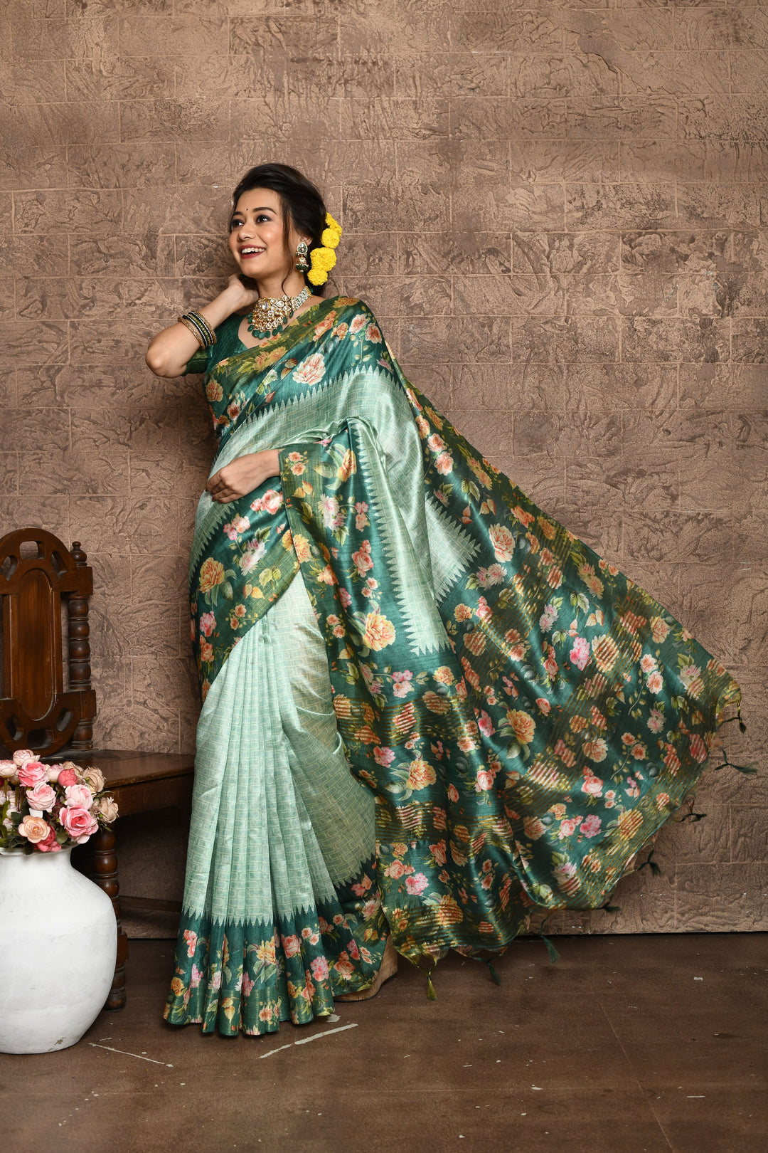 Tussar silk saree with floral print on pallu and border, and tassels