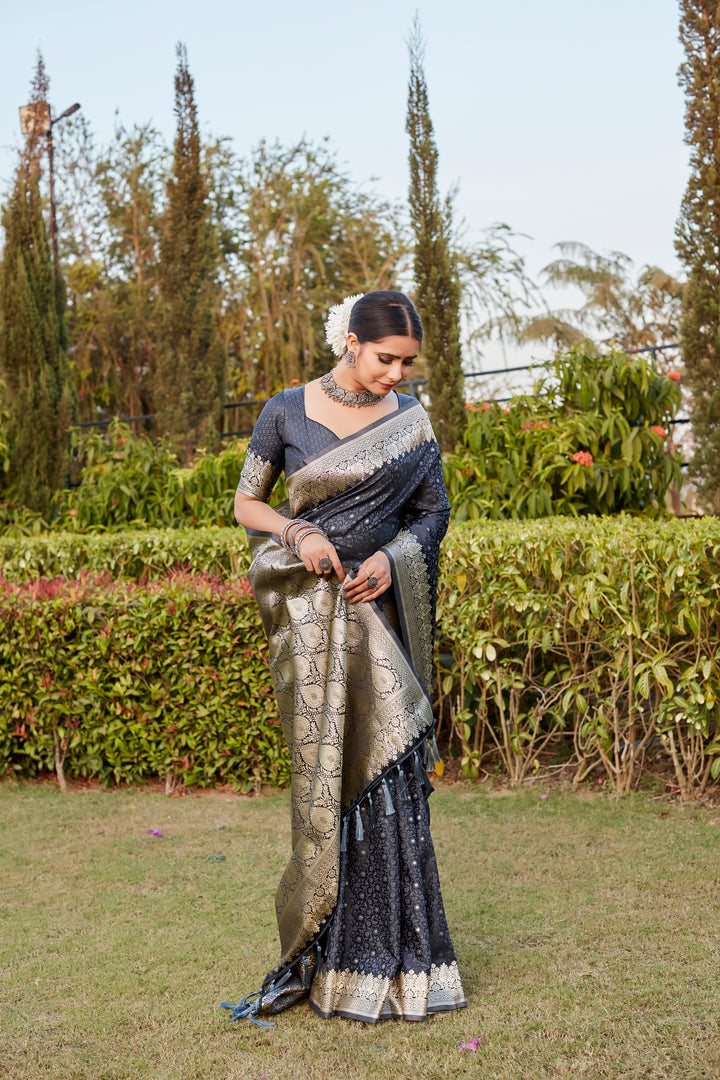 Elegant Navy Kanjivaram Satin Silk Saree featuring intricate Butta work and beautiful designer border.