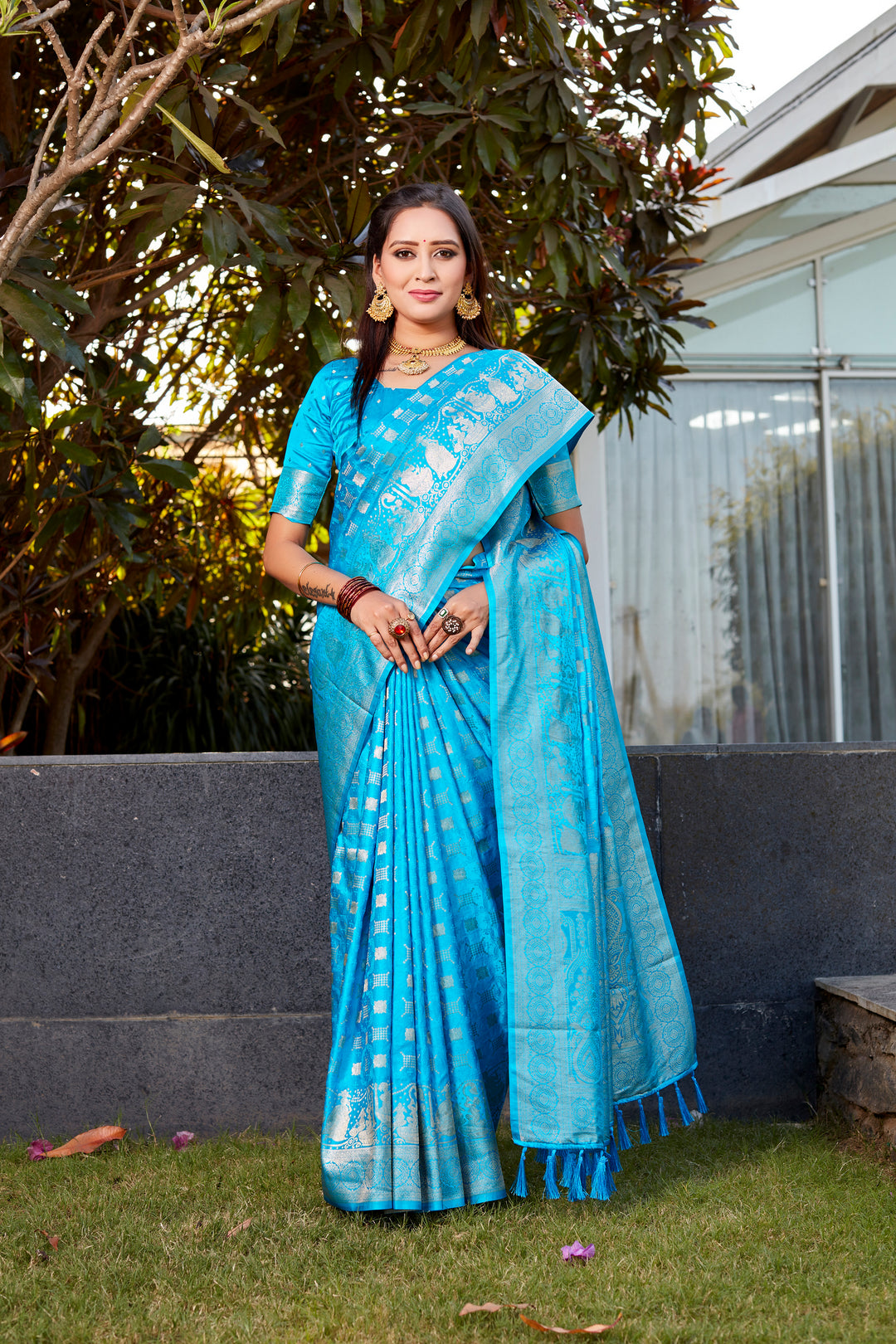 Elegant Sky-Blue Satin Silk Wedding Saree featuring dual weave design and luxurious pallu.