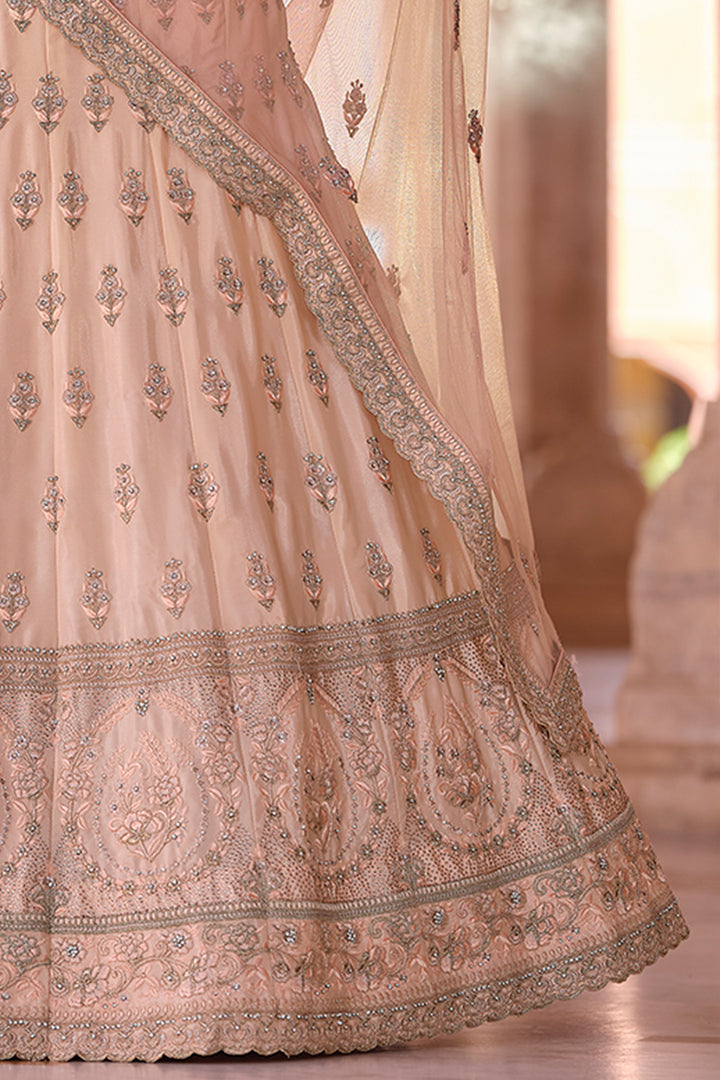 Indian Bridal Lehenga | Peach Soft Net & Crepe Crop Top Set