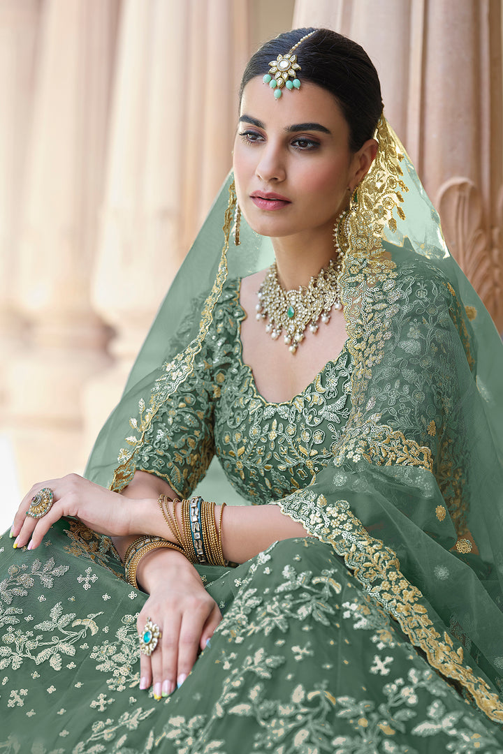 Stylish Dusty Green Lehenga | Soft Net Semi-Stitched Wedding Lehenga