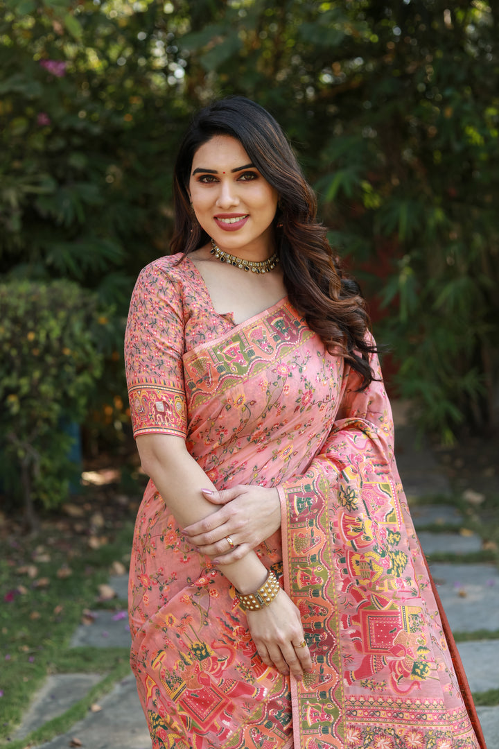 Soft dark-peach Pashmina cotton saree with a double-sided border and grand pallu, perfect for casual and formal wear.