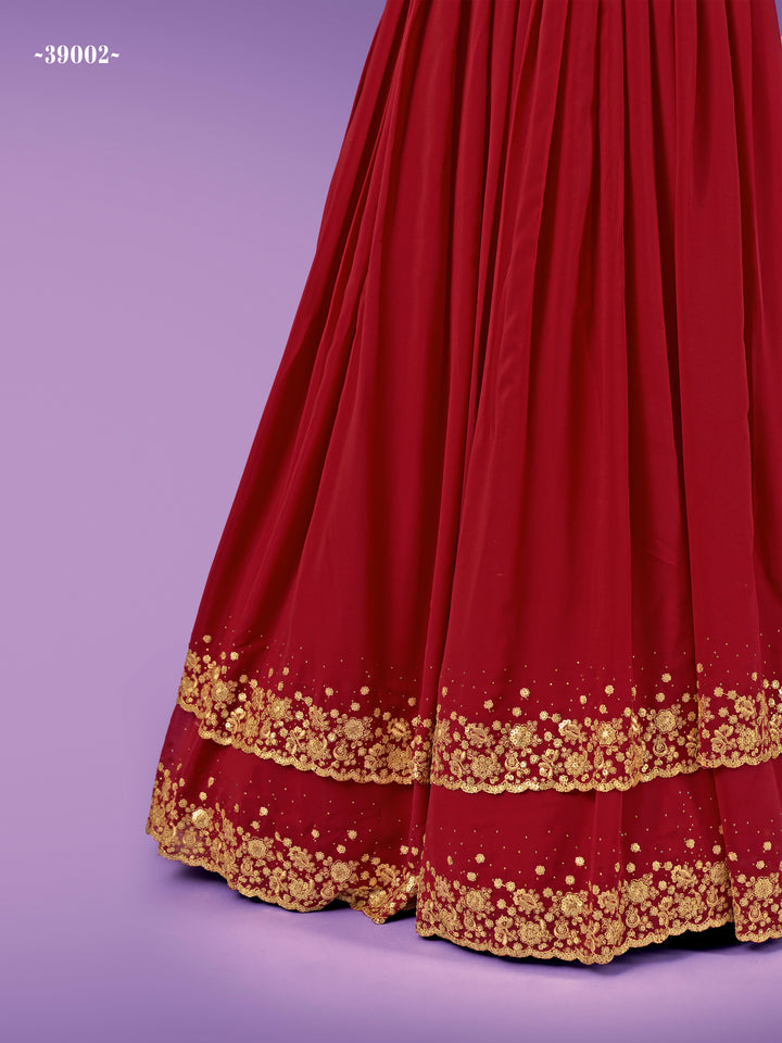 Flared Red Semi-stitched Embroidered Lehenga | Round Neck Blouse