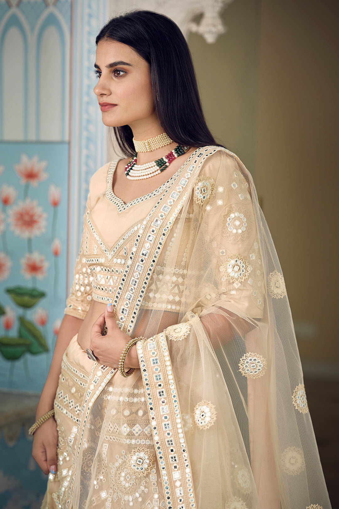 Elegant Cream Organza Lehenga Choli | Thread Embroidery & Foil Mirror Work