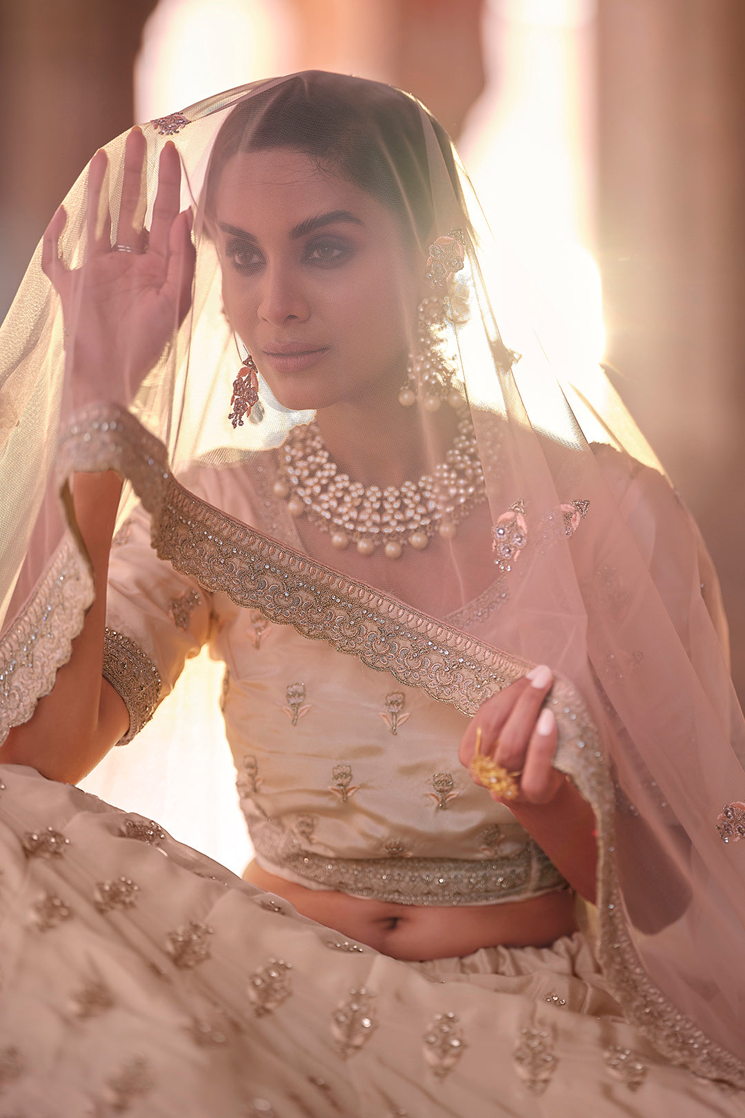 Indian Bridal Lehenga | Peach Soft Net & Crepe Crop Top Set