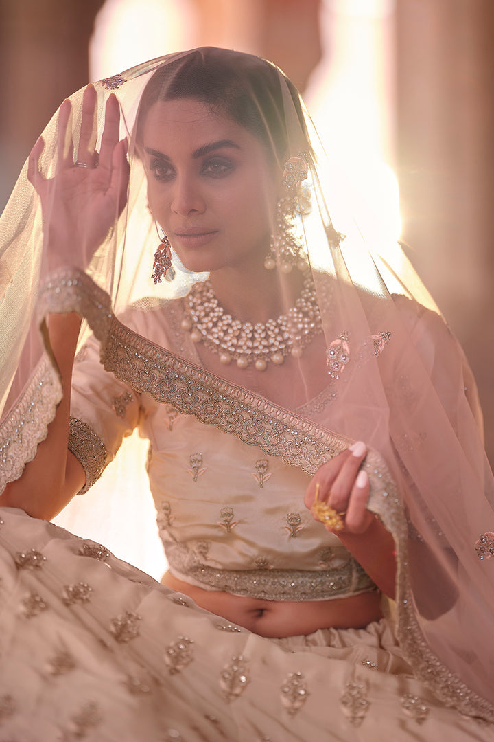 Indian Bridal Lehenga | Peach Soft Net & Crepe Crop Top Set