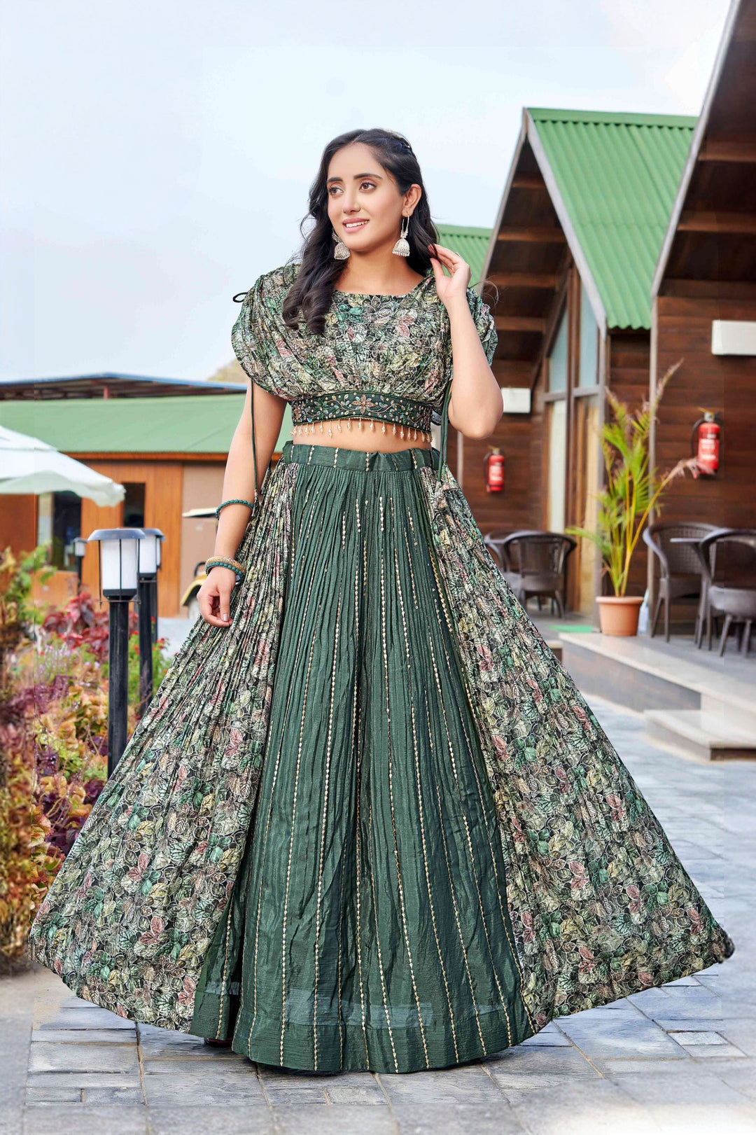 Stylish green floral lehenga for women featuring a georgette crop top, perfect for weddings and festive occasions.