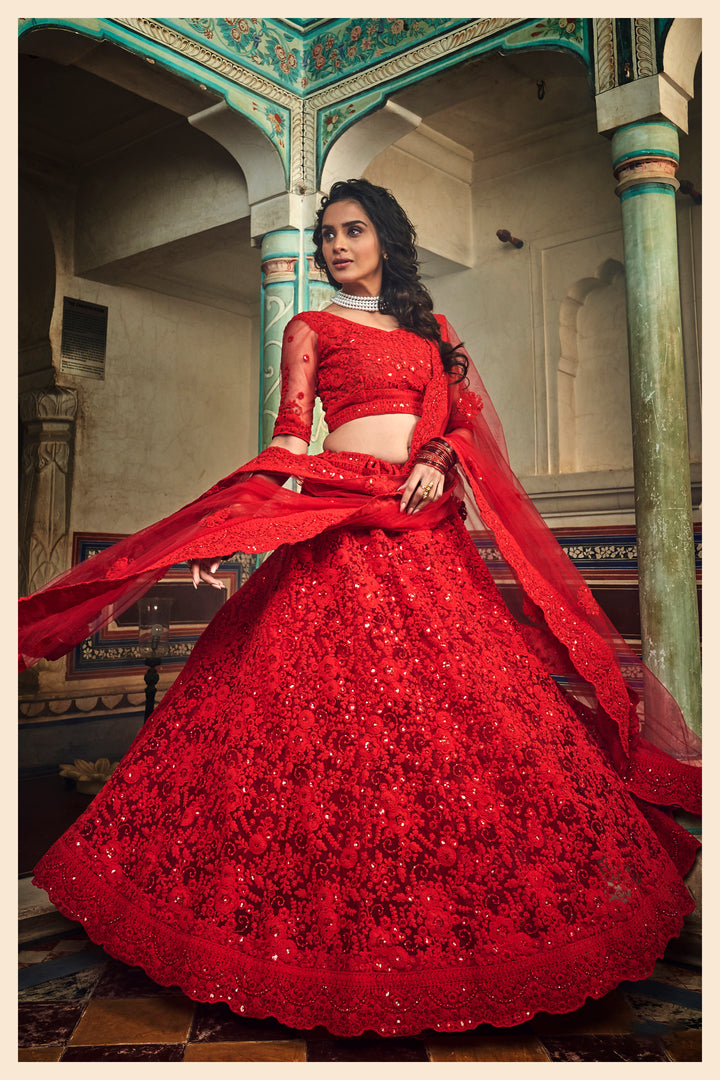 Red Soft Net Lehenga Choli | Bridal Outfit for Weddings & Parties