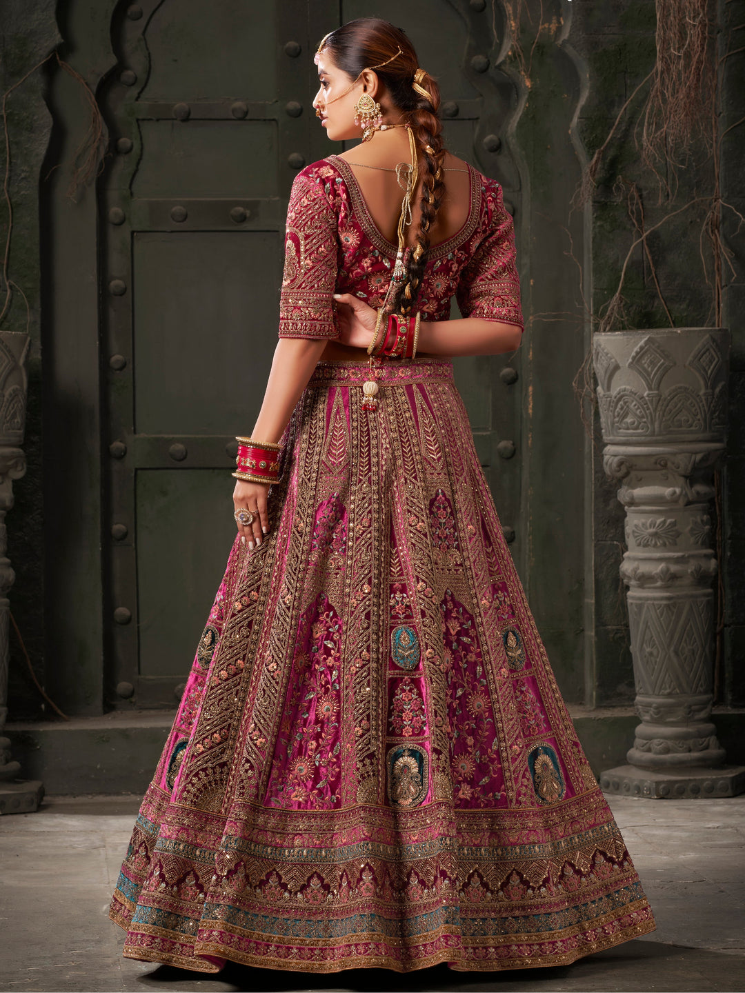 Cute Rani Pink Embroidered Velvet Lehenga Choli With Double Dupatta