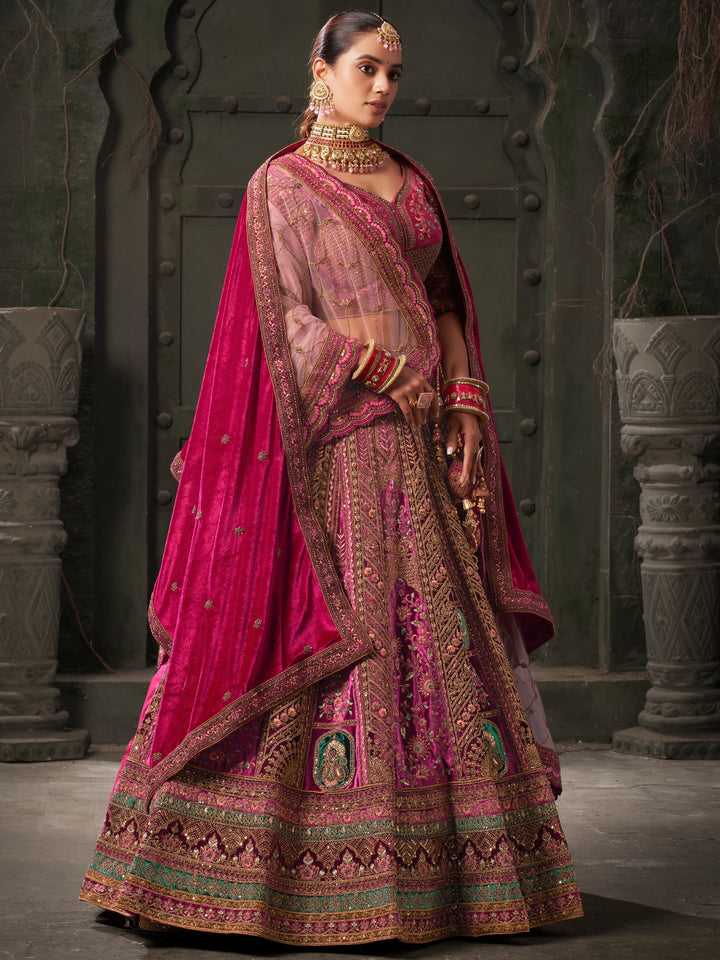 Cute Rani Pink Embroidered Velvet Lehenga Choli With Double Dupatta