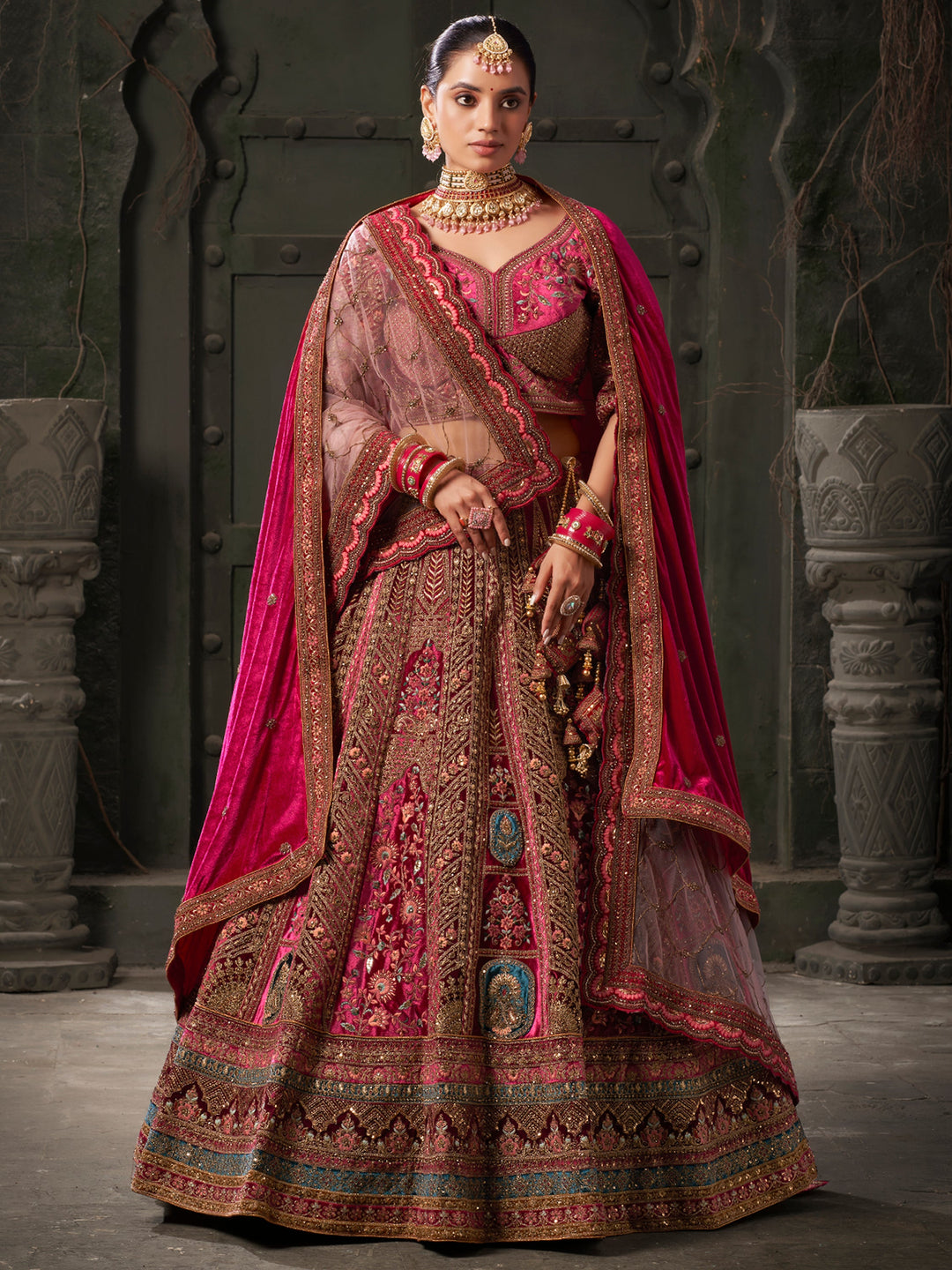 Cute Rani Pink Embroidered Velvet Lehenga Choli With Double Dupatta