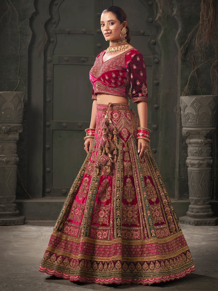 Pretty Pink Embroidered Velvet Bridal Lehenga Choli With Double Dupatta