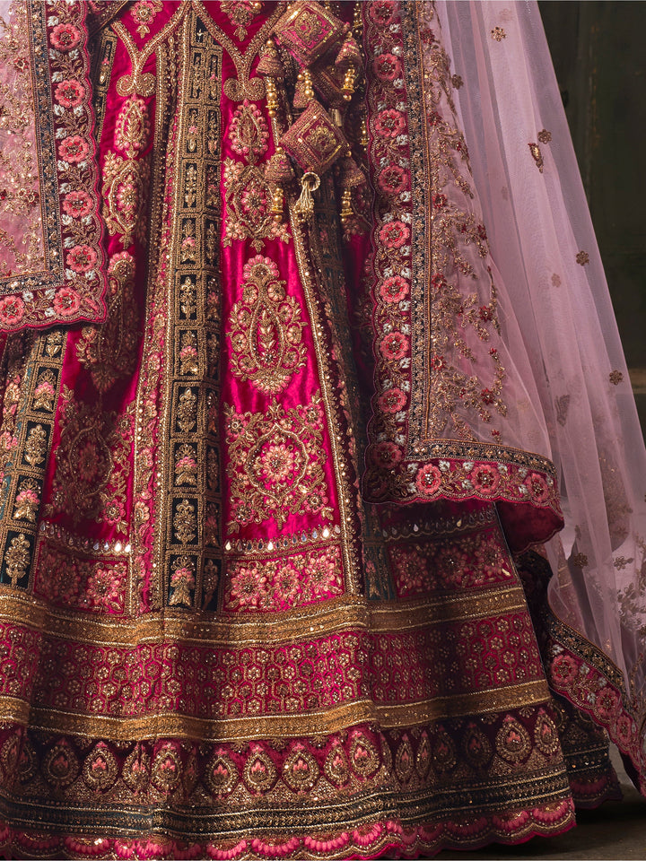 Pretty Pink Embroidered Velvet Bridal Lehenga Choli With Double Dupatta