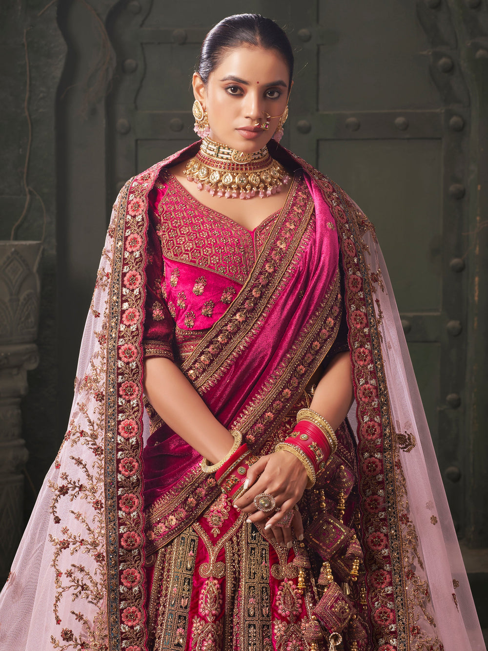 Pretty Pink Embroidered Velvet Bridal Lehenga Choli With Double Dupatta