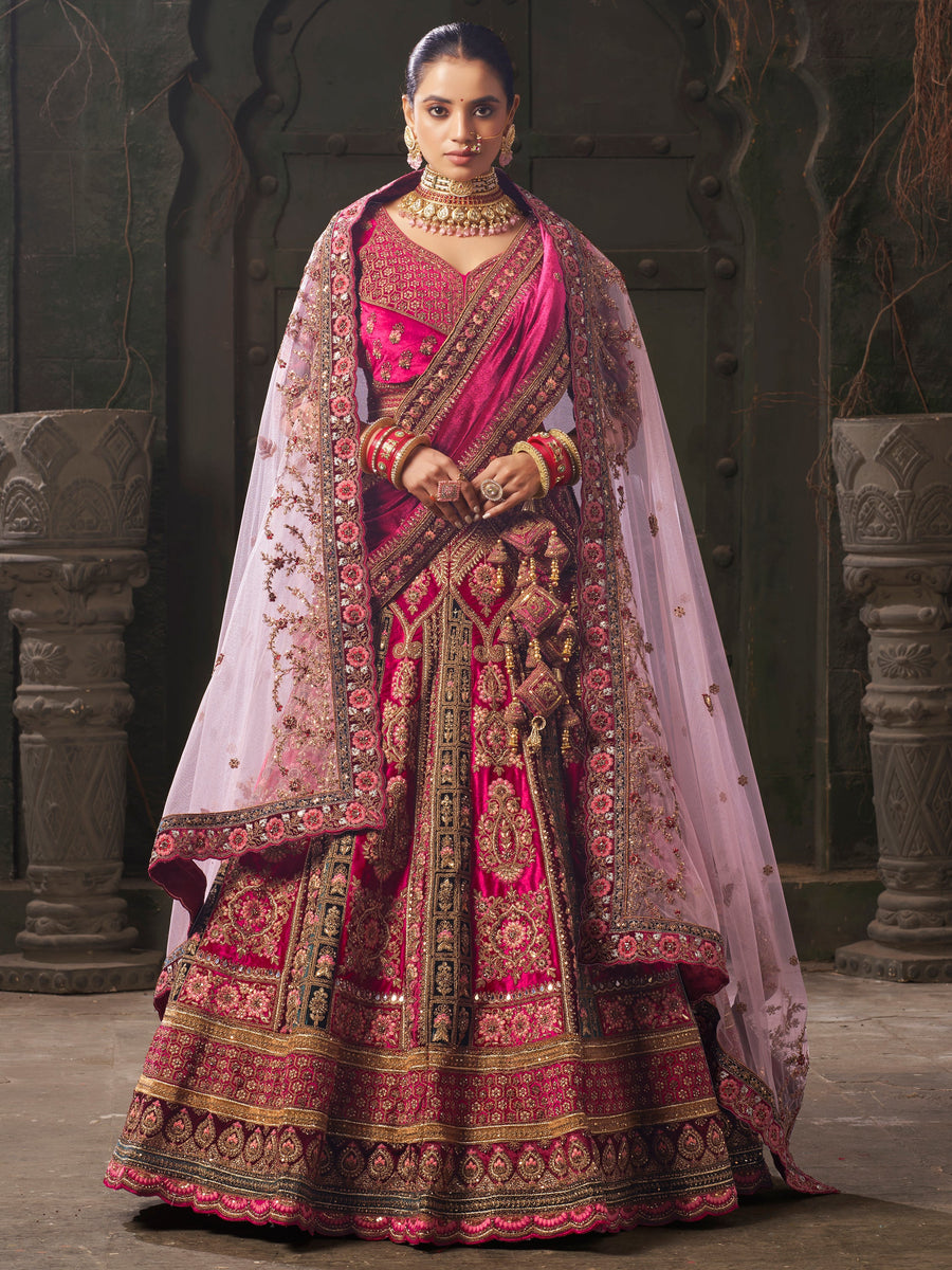 Pretty Pink Embroidered Velvet Bridal Lehenga Choli With Double Dupatta