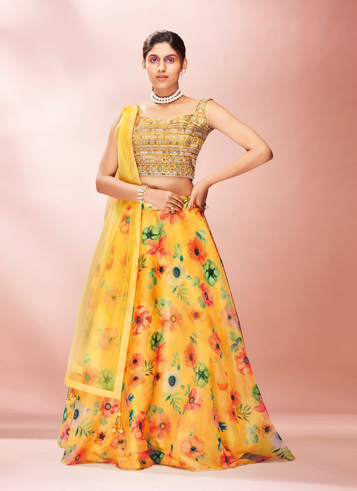 Yellow Ready to Wear Lehenga Choli | Floral Printed Organza with Dupatta