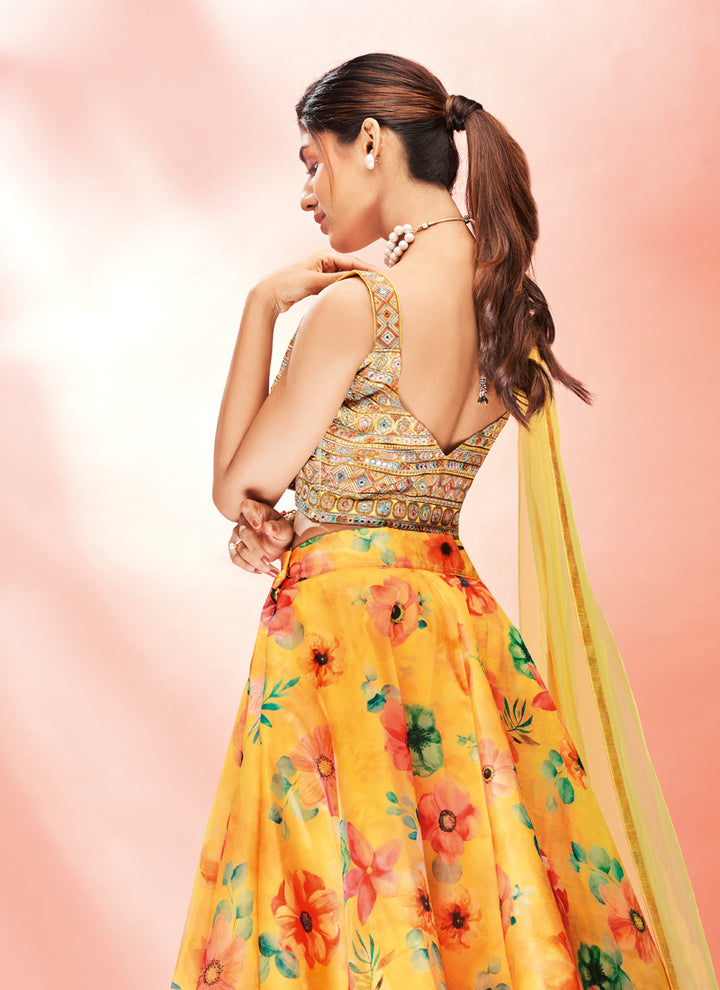 Yellow Ready to Wear Lehenga Choli | Floral Printed Organza with Dupatta