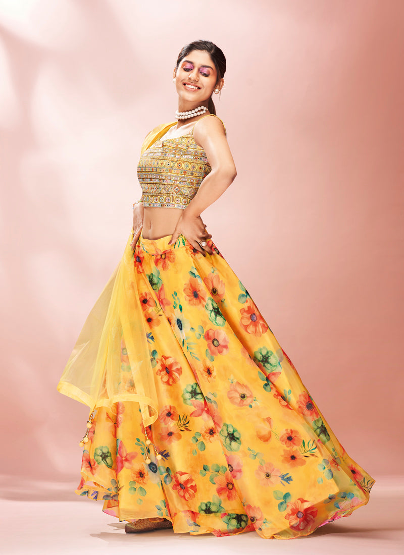 Yellow Ready to Wear Lehenga Choli | Floral Printed Organza with Dupatta