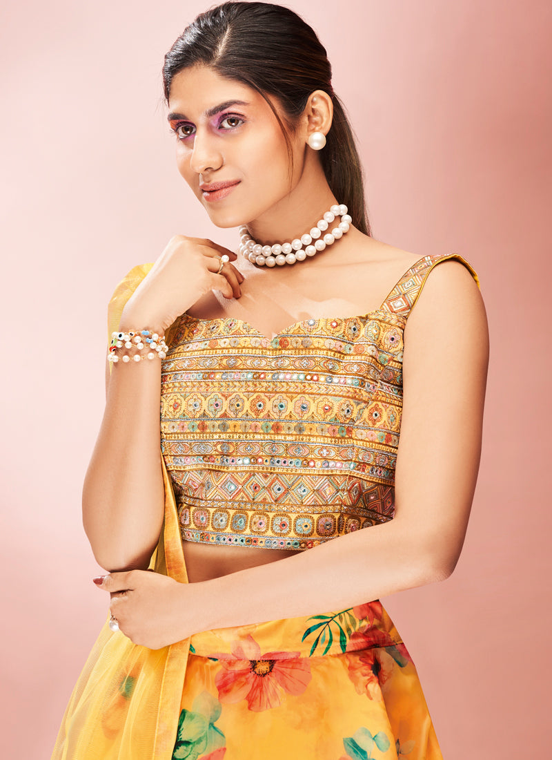 Yellow Ready to Wear Lehenga Choli | Floral Printed Organza with Dupatta