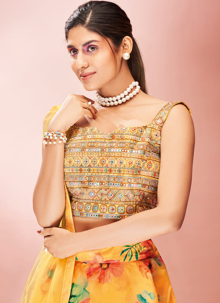 Yellow Ready to Wear Lehenga Choli | Floral Printed Organza with Dupatta