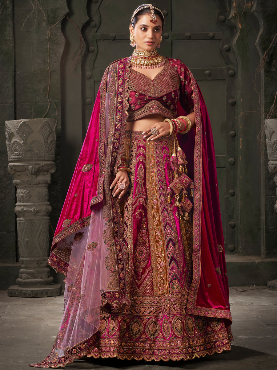 Adorable Rani Pink Velvet Bridal Lehenga Choli With Double Dupatta