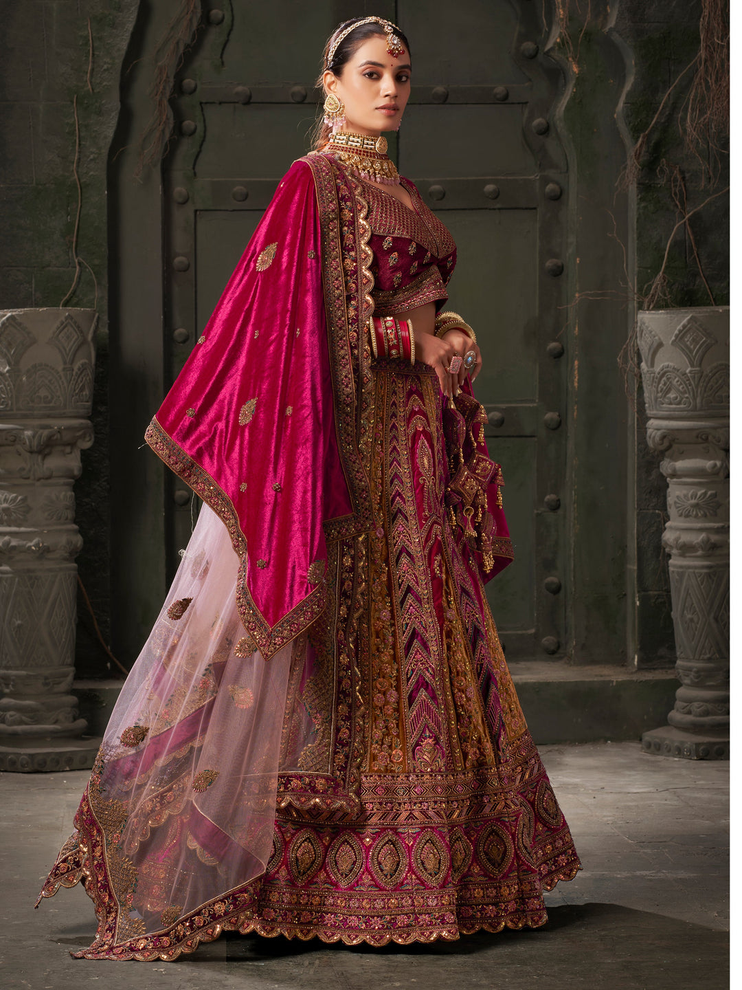 Adorable Rani Pink Velvet Bridal Lehenga Choli With Double Dupatta