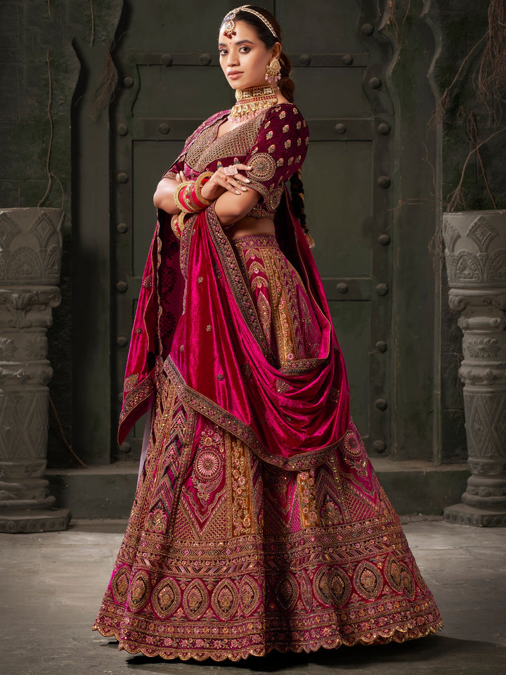 Adorable Rani Pink Velvet Bridal Lehenga Choli With Double Dupatta