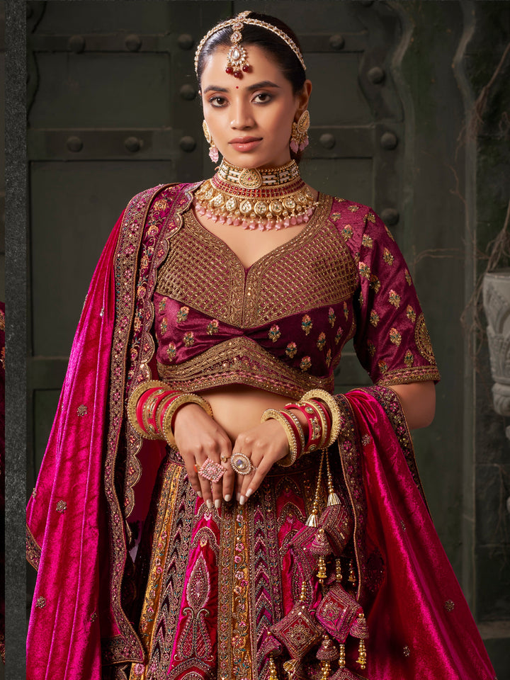 Adorable Rani Pink Velvet Bridal Lehenga Choli With Double Dupatta