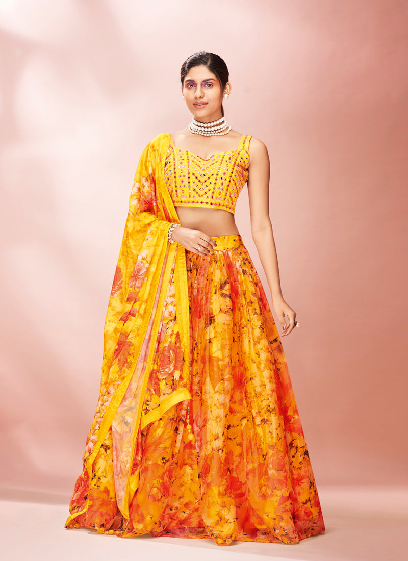 Floral Printed Yellow Lehenga Choli | Ready to Wear Organza with Dupatta