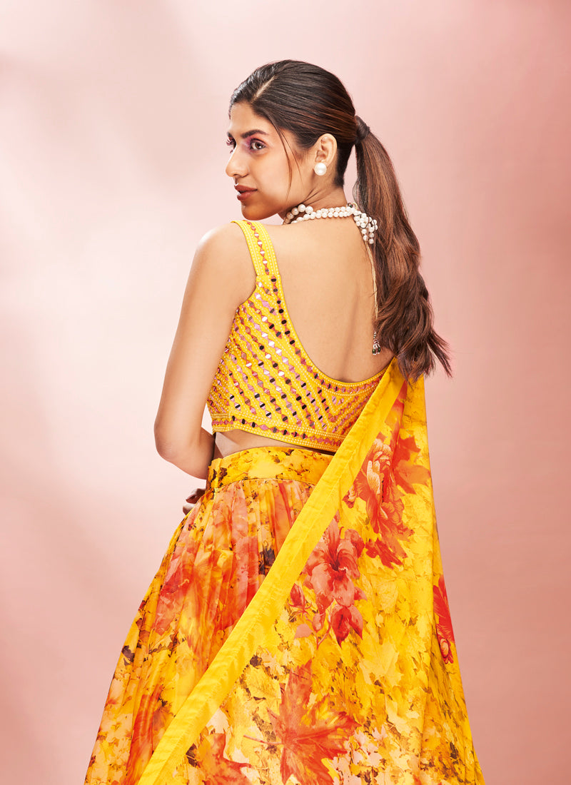 Floral Printed Yellow Lehenga Choli | Ready to Wear Organza with Dupatta