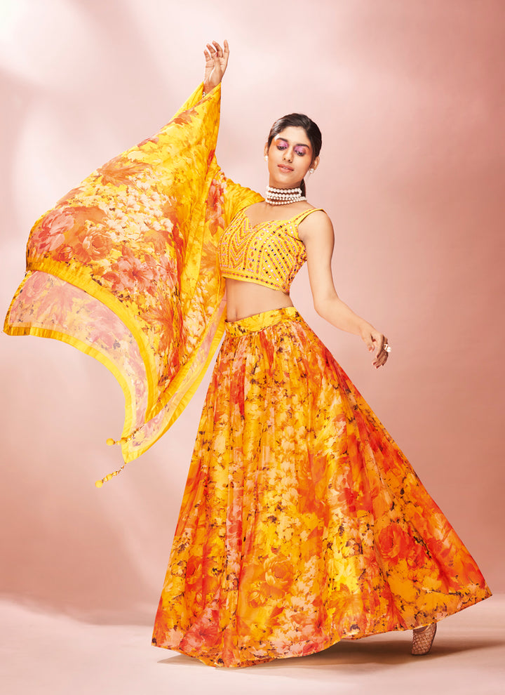 Floral Printed Yellow Lehenga Choli | Ready to Wear Organza with Dupatta