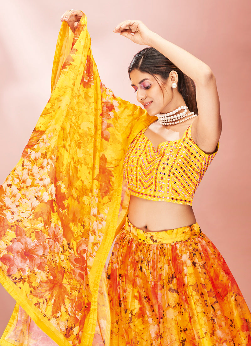 Floral Printed Yellow Lehenga Choli | Ready to Wear Organza with Dupatta