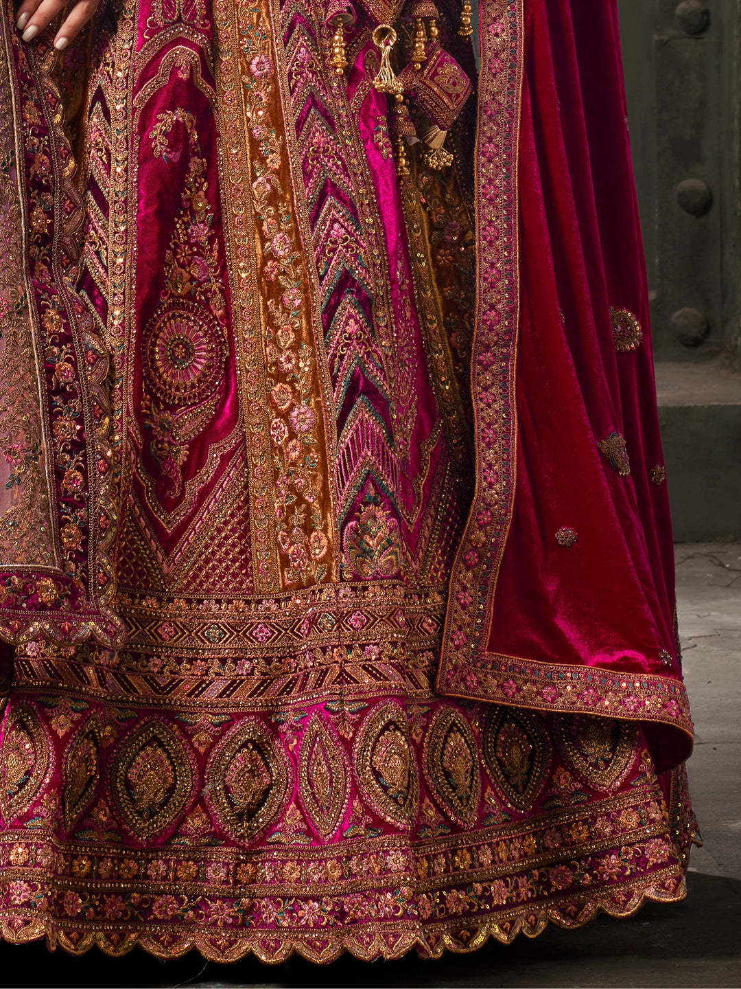 Adorable Rani Pink Velvet Bridal Lehenga Choli With Double Dupatta