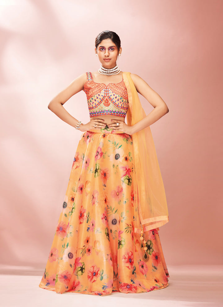 Orange Mirror Work Lehenga Choli | Printed Organza for Weddings & Parties