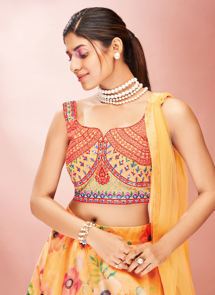 Orange Mirror Work Lehenga Choli | Printed Organza for Weddings & Parties