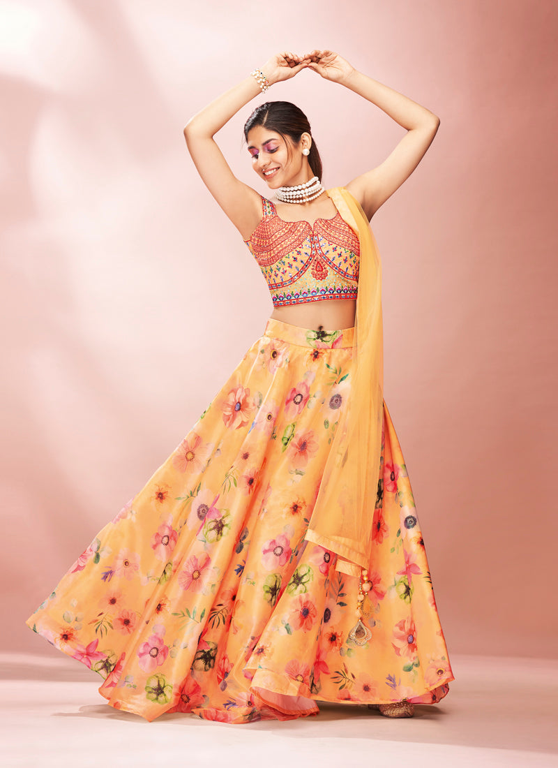 Orange Mirror Work Lehenga Choli | Printed Organza for Weddings & Parties