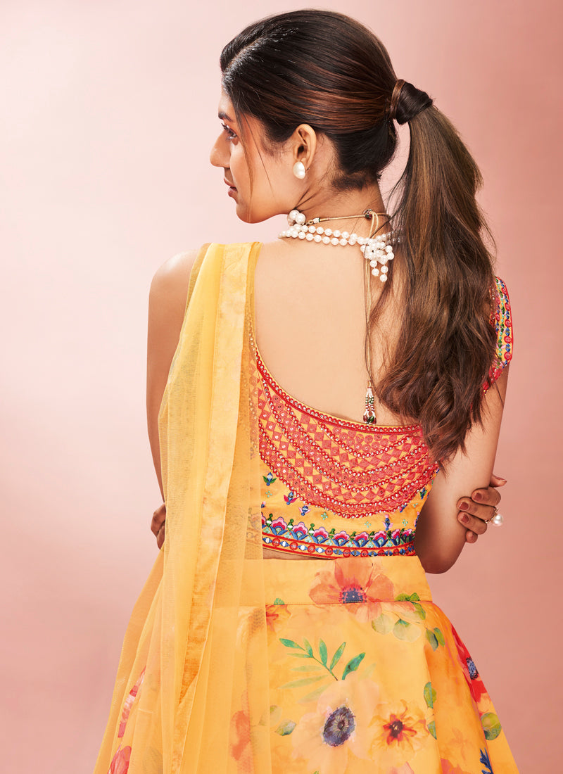 Orange Mirror Work Lehenga Choli | Printed Organza for Weddings & Parties