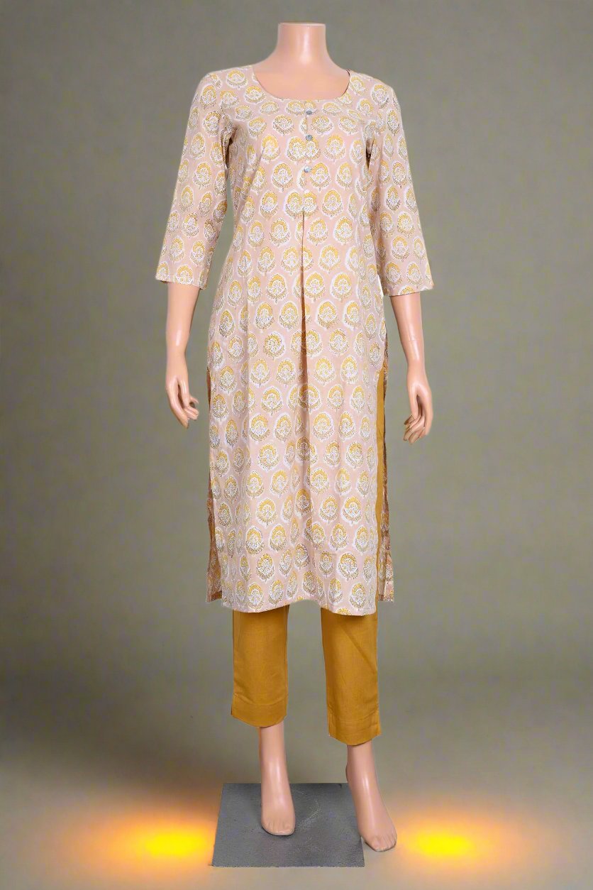 Stylish cream kurta for women featuring timeless hand block printed design, perfect for casual and festive occasions.