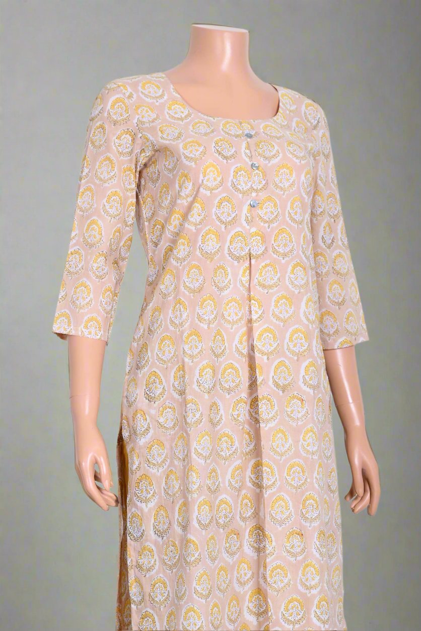 Trendy cream kurta for women showcasing beautiful hand block printed patterns, perfect for any casual outing.