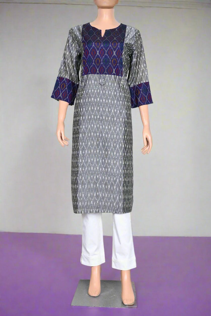 Stylish grey kurti featuring luxurious Ikkat silk, ideal for women looking to elevate their ethnic wardrobe with elegance