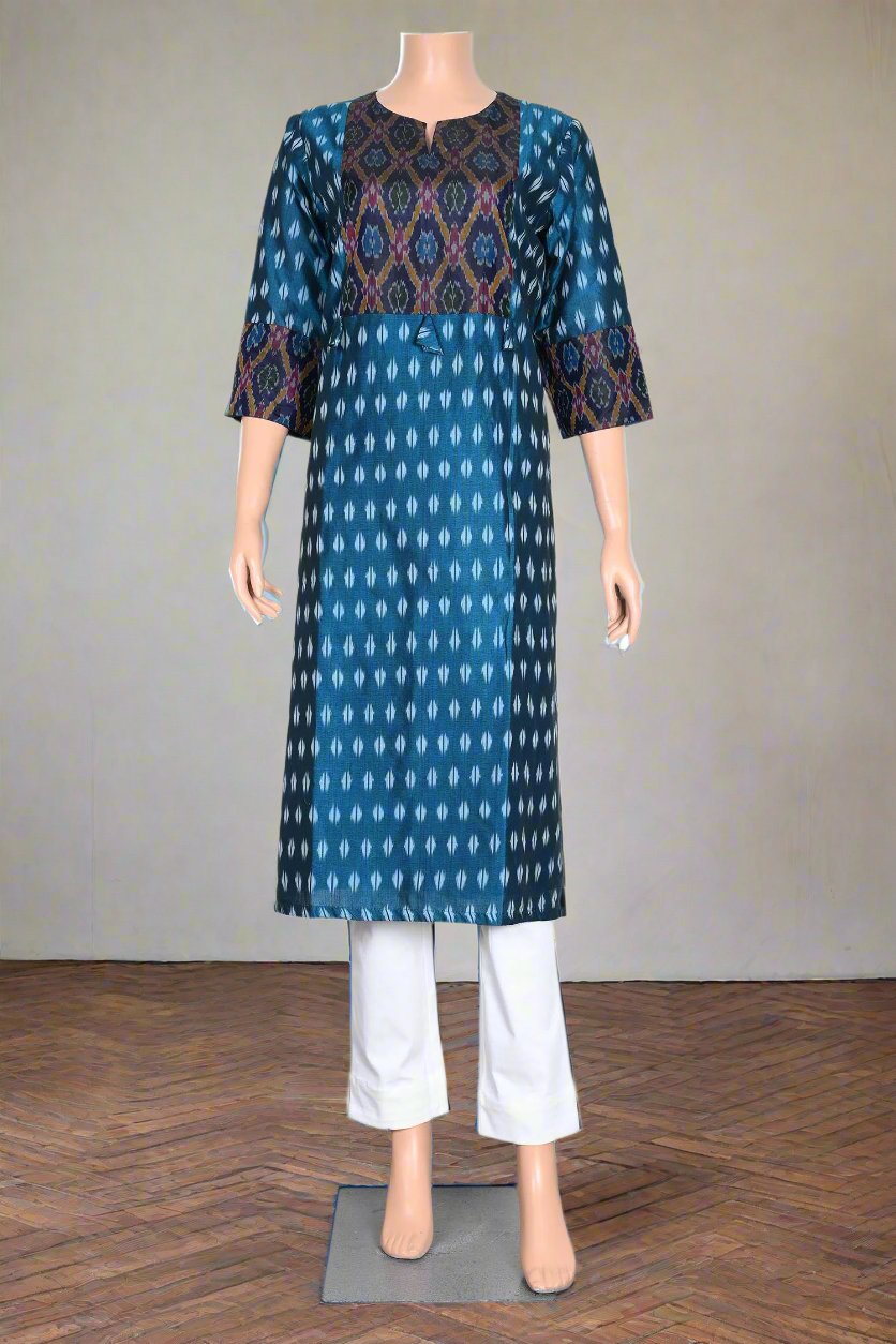 Dark blue Ikat silk kurti for women, blending traditional craftsmanship with modern style, perfect for ethnic occasions.