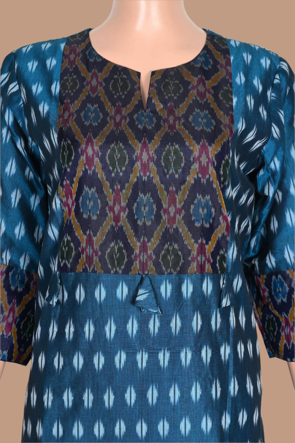 Stylish dark blue Ikat silk kurti, designed for women who appreciate sophisticated ethnic fashion for casual and festive wear.