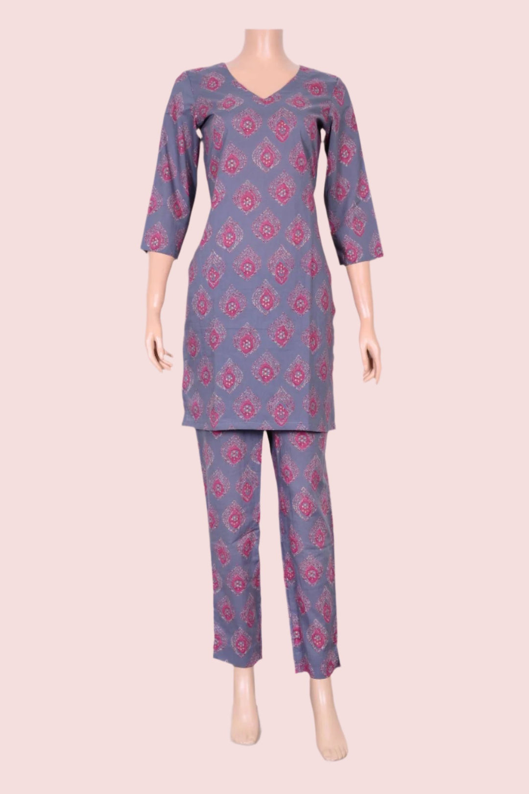 Effortlessly stylish grey co-Ord set for women featuring a matching Kurti and pants.