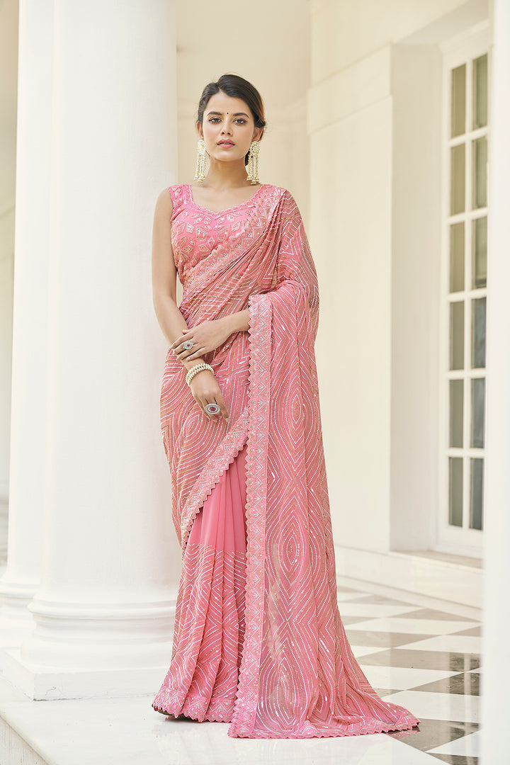 Baby Pink Georgette Designer Saree | Embroidered Wedding Saree with Blouse Set