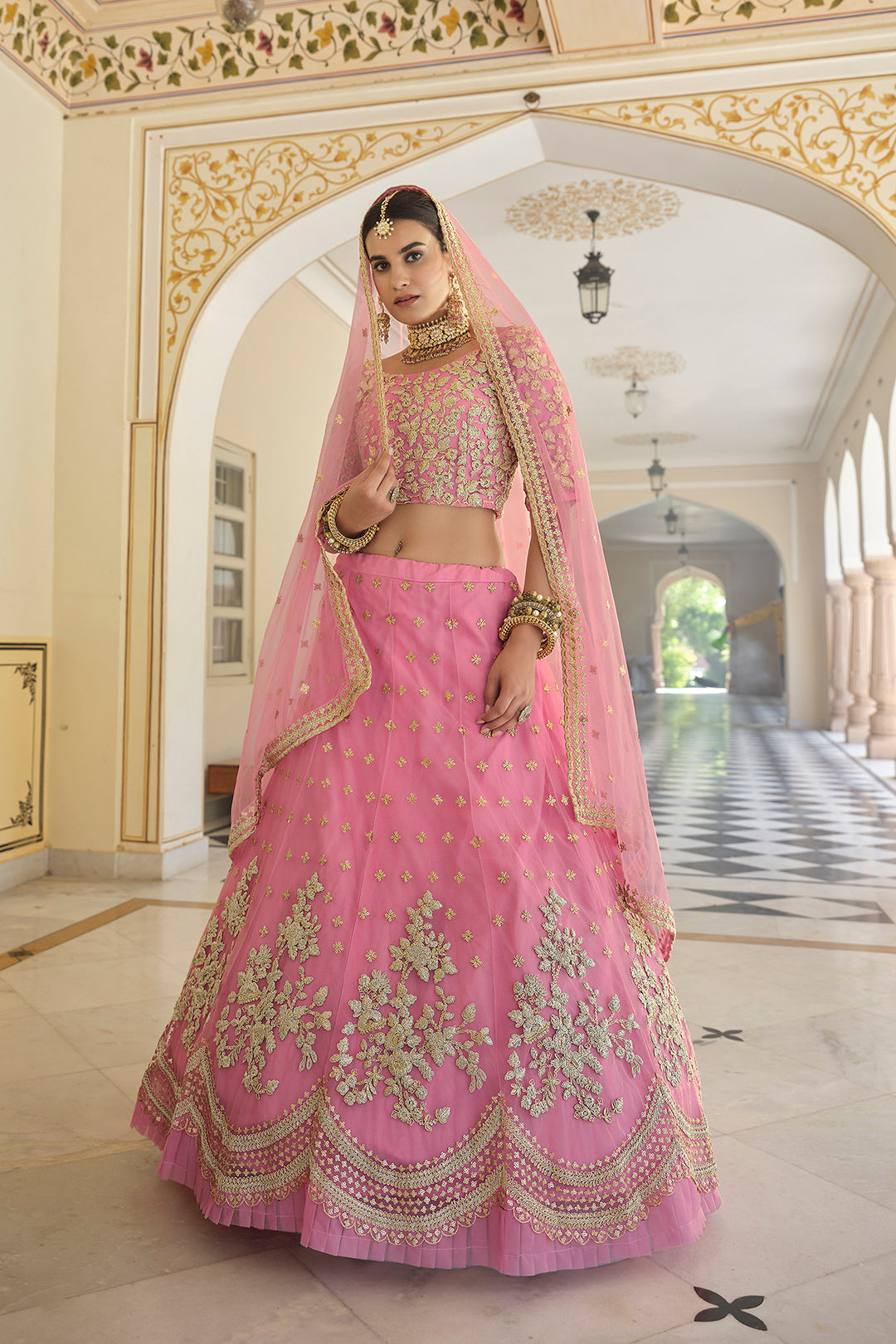 Designer Baby Pink Semi Stitched Lehenga | Soft Net with Blouse for Wedding