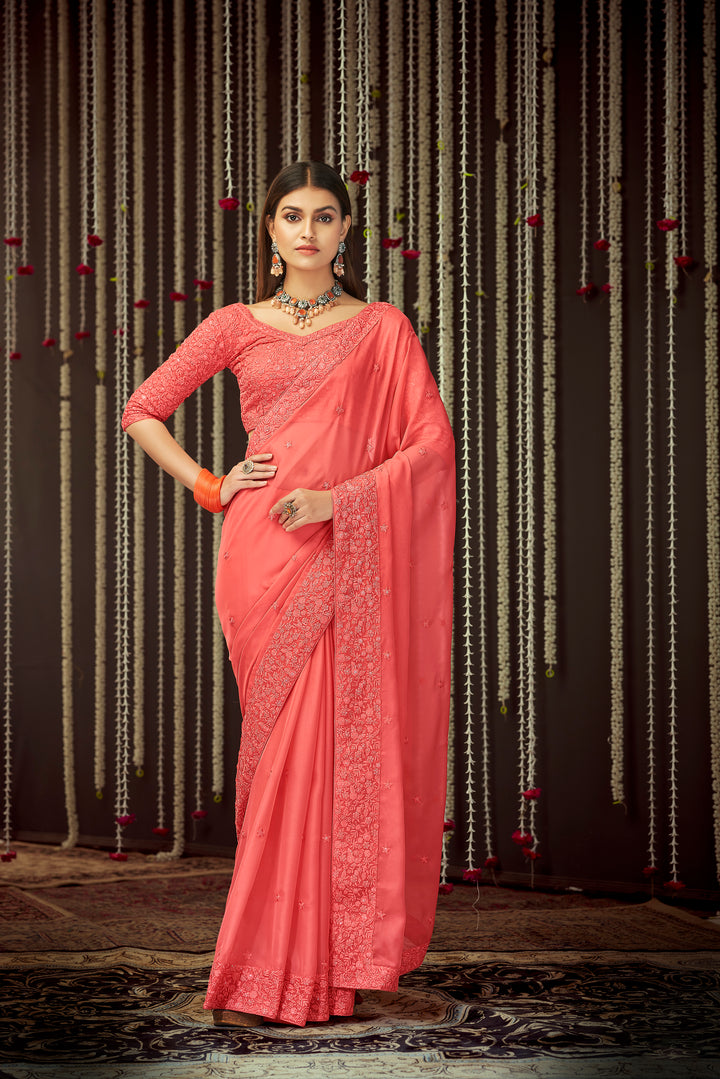 Exquisite Peach Saree | Sweetheart Neckline Blouse & Embroidered Borders