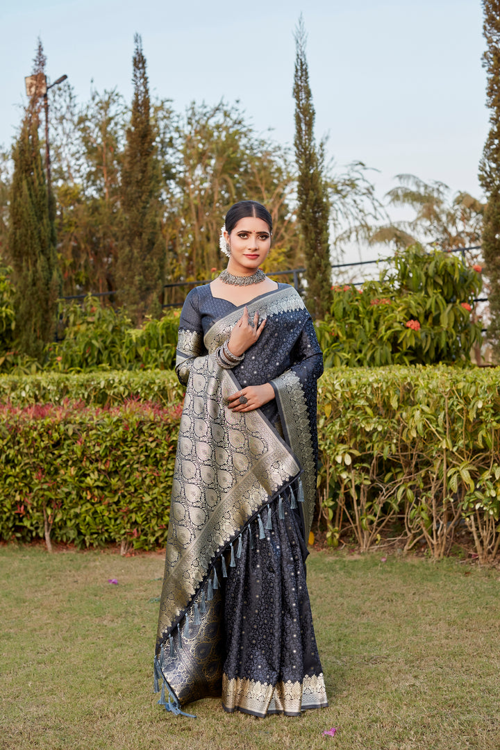 Navy Satin Silk Saree with intricate Butta design and stunning designer border, perfect for weddings.