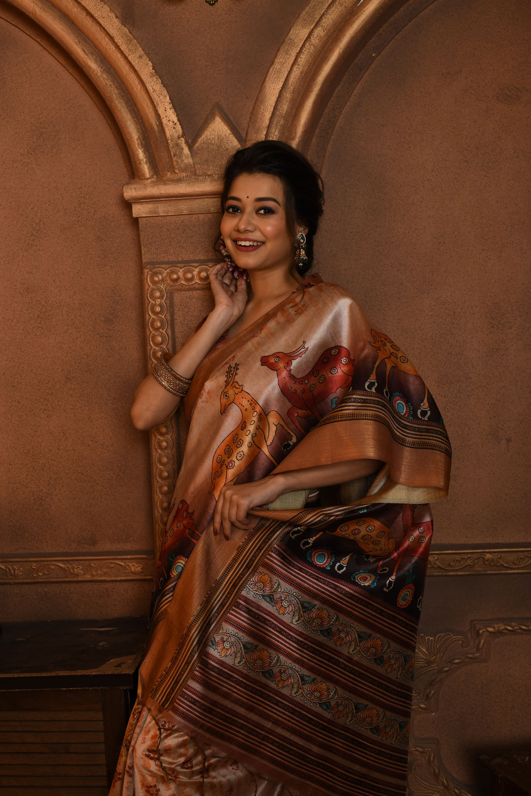 Shop premium brown Kalamkari Tussar Silk Saree with a contrast blouse for a sophisticated look in the USA.